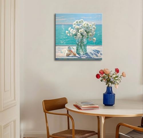 Ocean Flower Bathroom Decor Daisy Floral Canvas Wall Art Coastal Nautical - Image 6