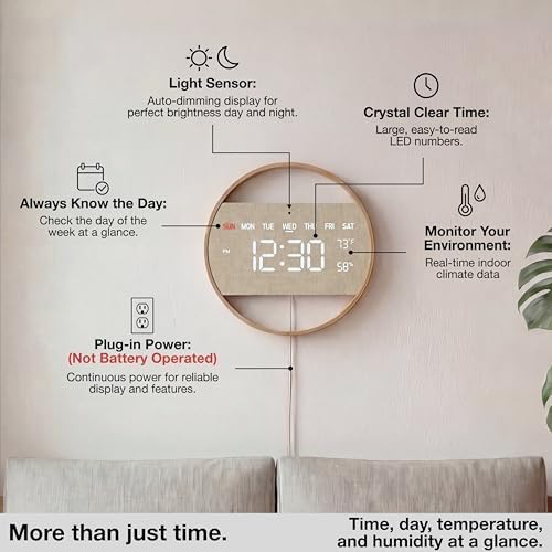 Driini Large Digital Wall Clock -Round Digital Bamboo Wooden Wall Clock - Image 4