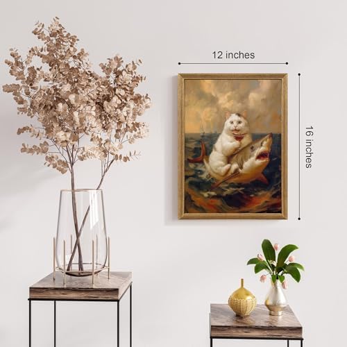 ICHZUMW Framed Funny White Cat Riding Shark Ocean Canvas Wall Art 12x16 In - Image 2