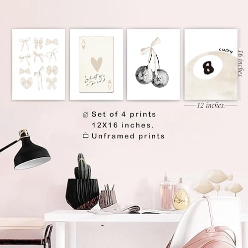 okaxscm Beige Coquette Trendy Preppy Wall Art Prints Set of 4, Coquette Room - Image 3