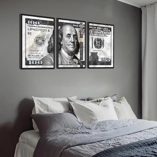 Black and White Canvas Wall Art Benjamin Franklin 100 Dollar Money Painting 3 - Image 3