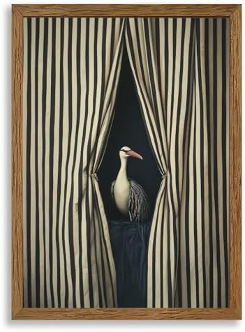AVECCO Vintage Striped Curtain Moody Crane Wall Art Canvas Framed 16x24 in by Unknown