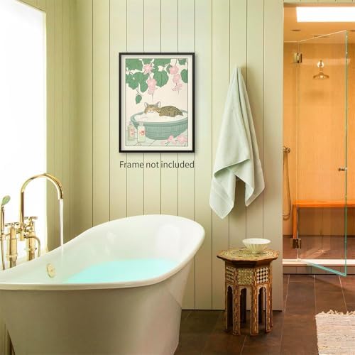 enttgo Tabby Cat In Bathtub Prints Rustic Neutral Japanese Canvas Wall Art Cute - Image 5