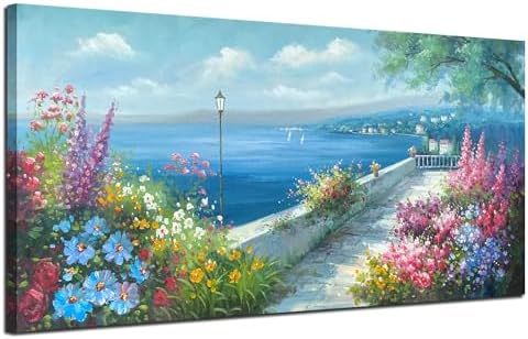 Arjun Blue Coastal Landscape Canvas Wall Art Ocean Large Framed 48"x24" by Arjun