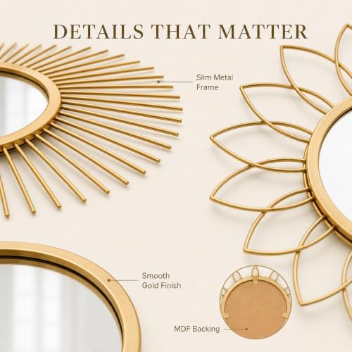 Gold Sunburst Mirror 14x14 Inch, Decorative Wall Accent - Image 2
