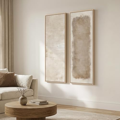 Large Framed Beige Cream Abstract Vertical Wall Art - Image 2