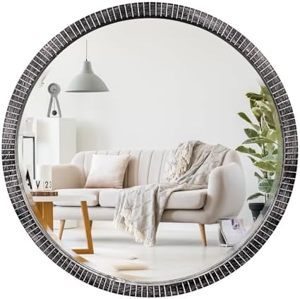 35" Round Wood Mirror, Farmhouse Large Wooden Mirror, Washed Black by GIFTTROVE