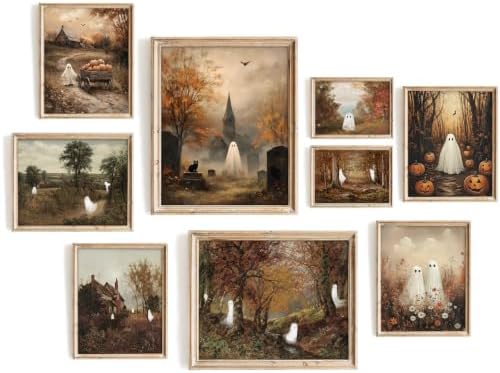 Vodefoad Vintage Halloween Ghost Wall Art Prints of 9, Retro Autumn Cute Ghost by VodefoadVintageWallArt