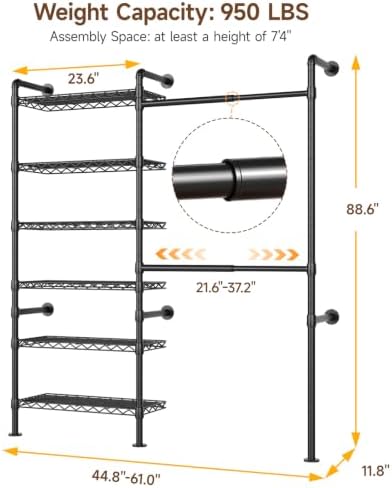 ONBRILL H2 Wall Mounted Clothing Rack, Expandable Industrial Pipe Clothes Rack - Image 2