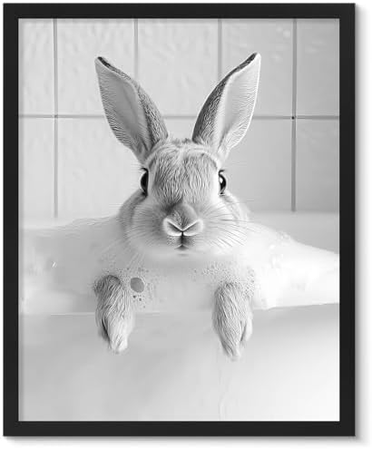 uniro Bunny Black and White Photography, Funny Rabbit Bath Teeth, Bathroom Wall by uniro