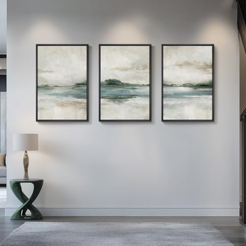 Framed Blue Green Abstract Landscape Wall Art, 3 Piece Set, Each 16x24 In - Image 2