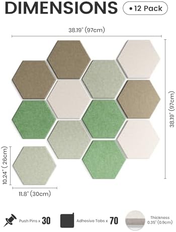 Fluxynara 12-Pack Hexagon Felt Bulletin Board Tiles, Moss Haven - Image 2