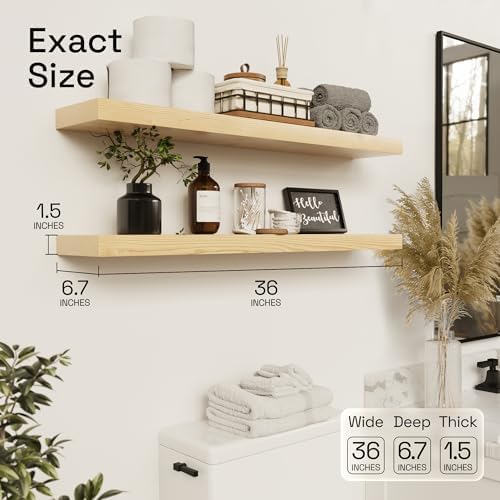 Solid Wood Floating Shelves for Wall 36 inch Long, Natural Wooden Shelf - Image 3