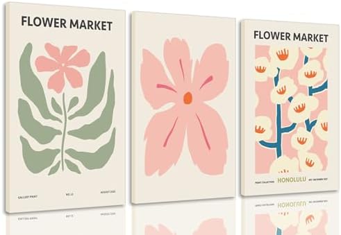 Pink Flower Market Wall Art Set of 3, Colorful Wildflowers Floral Botanical by Unknown