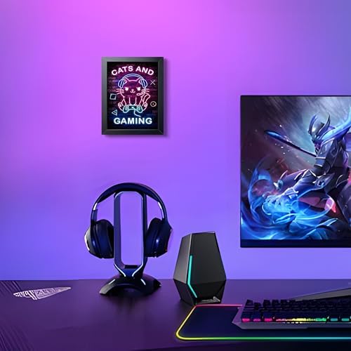 Funny Cat Gaming Wall Art, Neon Gamer Canvas Print Framed, Cute Cartoon Cat - Image 6