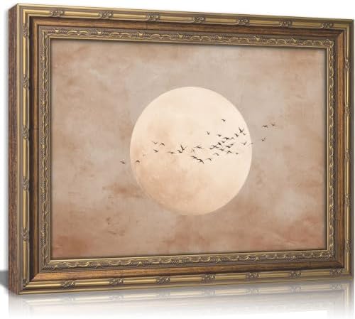 Vintage Gold Framed Minimalist Moon and Birds in Flight Wall Art, Neutral Beige by HPZFEIJJWallArt