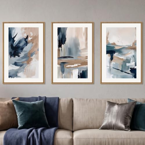 Aryroi Large Abstract Navy Blue Framed Canvas Wall Art Set, Modern Neutral - Image 2