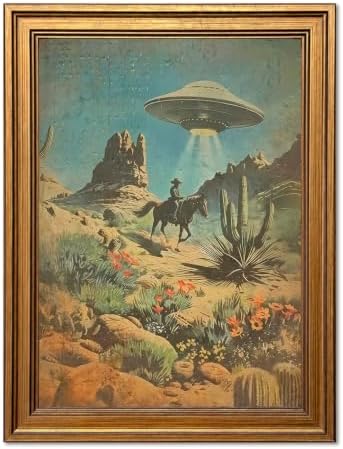 Vintage Gold Framed Western Wall Art, Retro Cowboy UFO Abduction Pictures Wall by Unknown