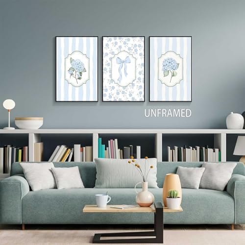 3Pcs Blue Hydrangea Wall Art Trendy Light Blue Striped Watercolor Bow Coquette - Image 7