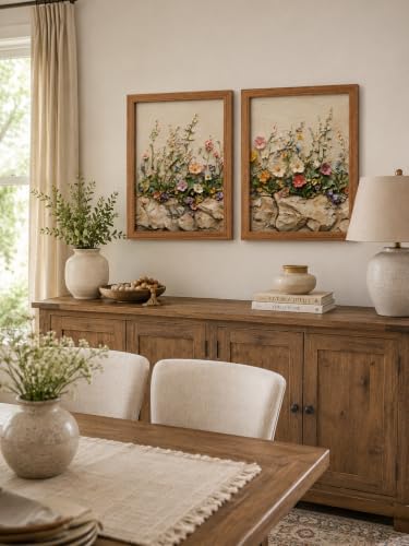 2Pcs Wood Framed Floral Canvas Wall Art Textured Relief Painting Prints Flower - Image 3