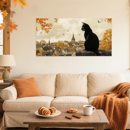 SWQYLB Autumn Pictures Wall Art Black Cat Fall Decor Halloween Animal Canvas - Image 4
