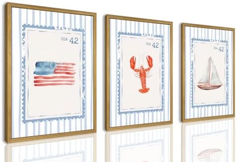 Wood Framed Blue Beach Stamp Set of 3 Canvas Poster Coastal Granddaughter Room by Unknown