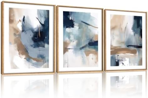 LHIUEM Abstract Navy Blue Framed Canvas Wall Art, Neutral Brush Stroke Wall by LHIUEM