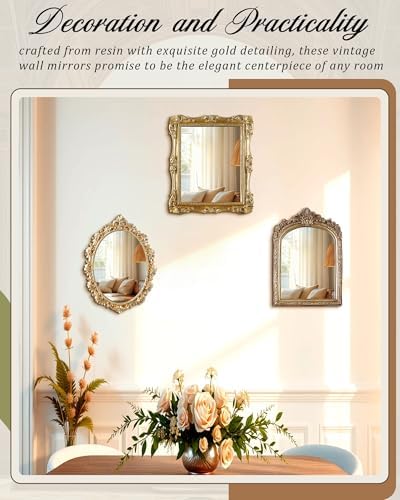 Wonderjune 3 Pcs Vintage Gold Wall Mirror Set, Retro Mixed Style - Image 6