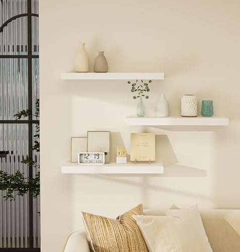 Vervida® White Floating Wall Shelves 24in Deep Set of 3 Modern 37 Lbs - Image 2
