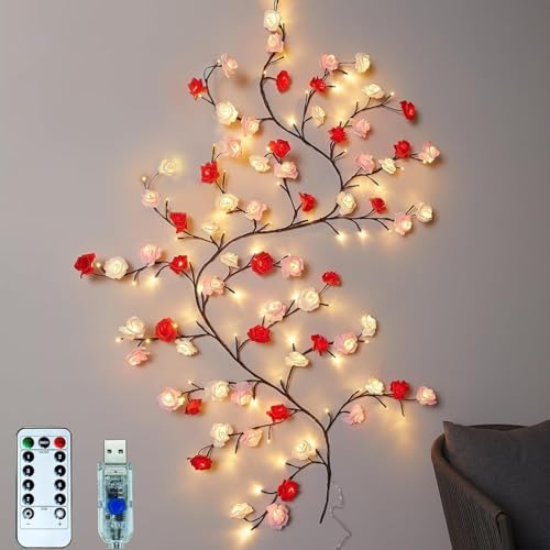 Rose LED Tree Branch Lights for Wall, Rose Flower Willow Vine Twig Decor Garland by BomKra