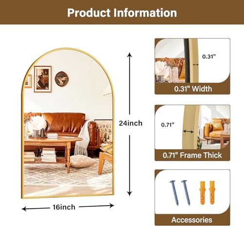 XRAMFY 16"x24" Gold Arched Bathroom Mirror - Image 4