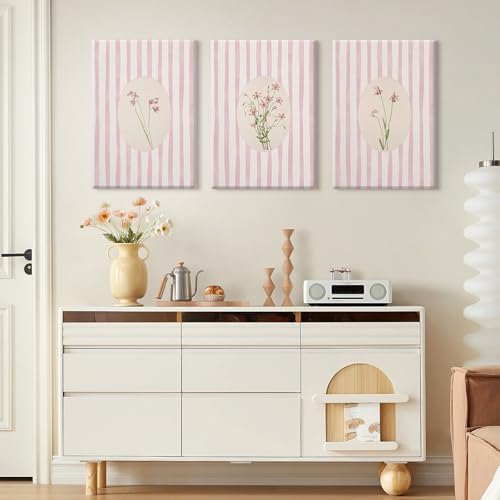 Pink Flower Wall Art Striped Floral Prints Botanical Canvas Wall Decor - Image 4