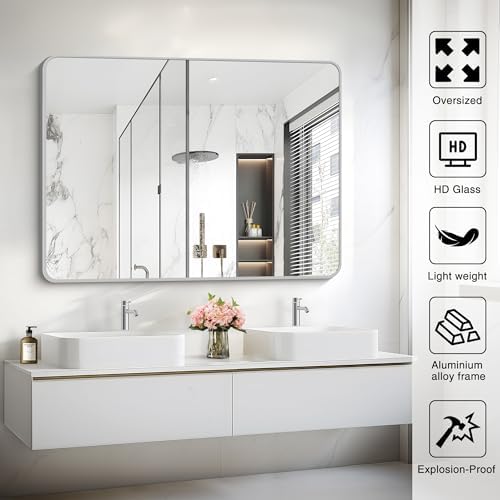 48x36 Inch Silver Bathroom Mirror, Large Rectangular Vanity Mirror, Metal - Image 5