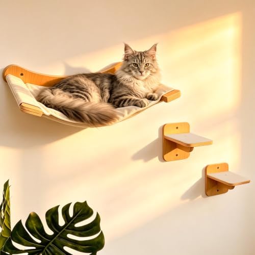 Wall-Mounted Cat Hammock with 2 Wooden Perching Steps—a Suspended Solid Wood by BuyNow