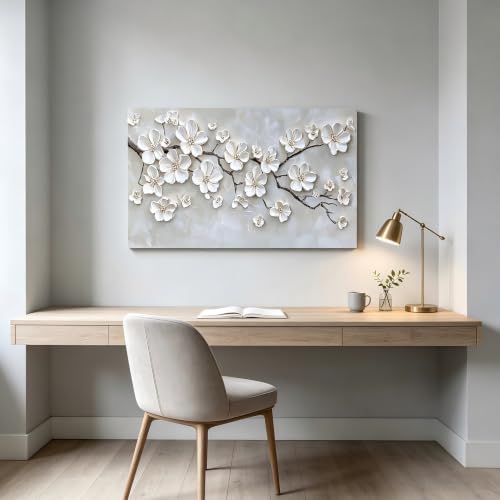 Large White Flower Canvas Wall Art Texture Plant Floral painting Decor Pictures - Image 3