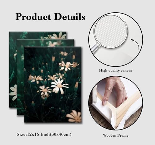 CHTEXA Dark Green Daisy Canvas Wall Art, 3 Piece Gallery Wrapped Set - Image 4