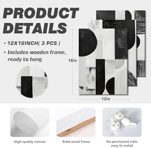 LYYGLYY 3Pcs Framed Black and White Canvas Wall Art 12x16 Inches - Image 6