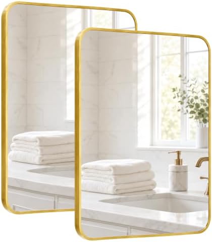 2-Pack 22x30 Inch Brushed Gold Rounded Rectangle Vanity Mirrors by Pocetry