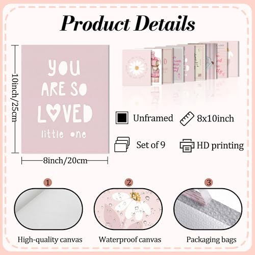 XYHYRA Pink Wall Art Painting Set of 9, Romantic Bow Books Daisy Poster - Image 3
