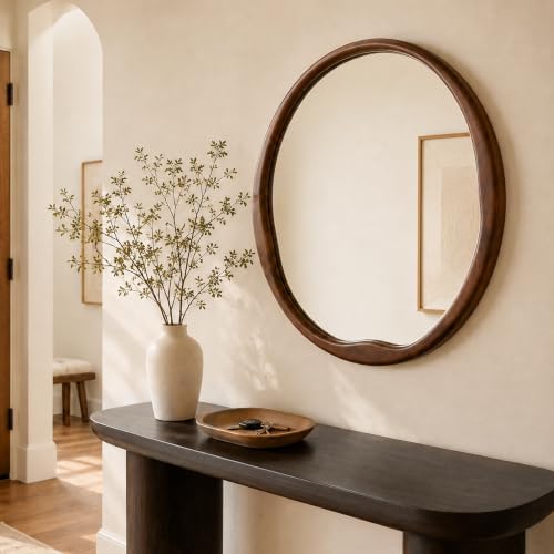 Dark Walnut 36 Inch Round Wood Wall Mirror, Asymmetrical Inner Edge - Image 6