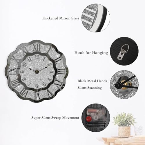 Crushed Diamond Mirrored Wall Clock Silver Modern Crystal Clocks - Image 4