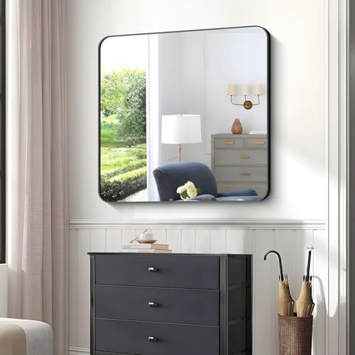 Bathroom Mirror, 42x42 inch Black Square Wall Mirror, Rounded Corner Aluminum - Image 5