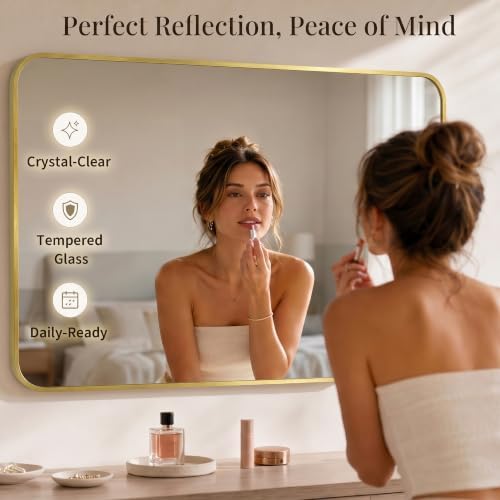 30x48 Inch Brushed Gold Rounded Rectangle Bathroom Vanity Mirror - Image 5