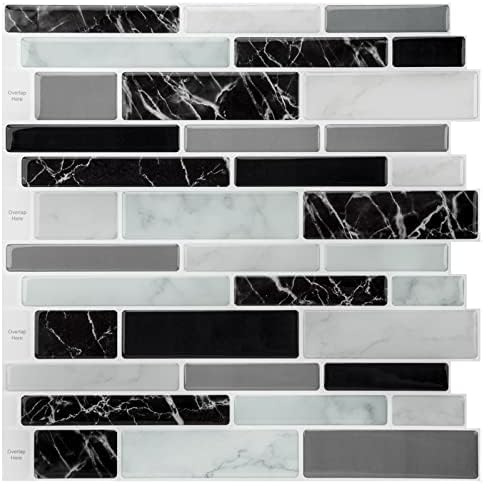 Art3d 10-Sheet Peel and Stick Faux Stone Tile, 11.8 x 11.8 in, Marble Black by Art3d