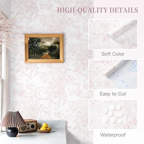 Heroad Pink Peel and Stick Wallpaper Vintage Floral Contact Paper Boho Flower - Image 2