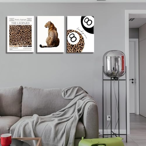 Set of 3 Trendy Leopard Canvas Wall Art Funky Lucky 8 Ball Posters Prints - Image 6
