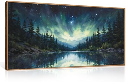 Luminous Northern Lights Forest Lake Framed Canvas Wall Art Set-40"x20"x1 by HOURIA