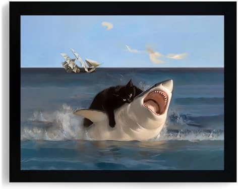 ICHZUMW Framed Funny Black Cat Biting Shark Ocean Canvas Wall Art 8x10 In by Unknown