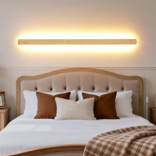 Modern Plug in Long Wall Sconce, 39.3" Faux Wood Texture Finish LED Wall Lights by KELUOLY