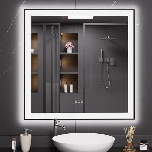 LOAAO 38"X38" LED Bathroom Mirror Black Framed by LOAAO